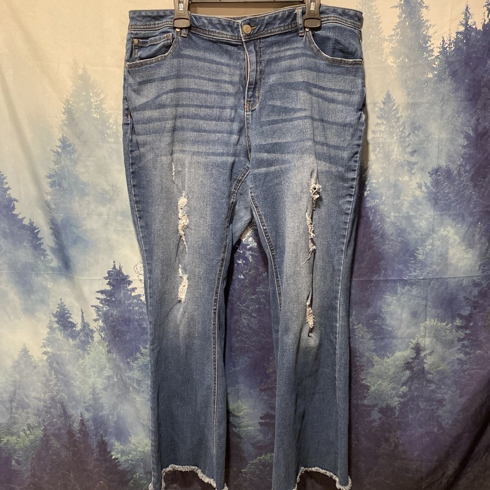 Women's Distressed Hi-Rise Flare Jeans - Medium Wash Ripped Bell Bottoms
